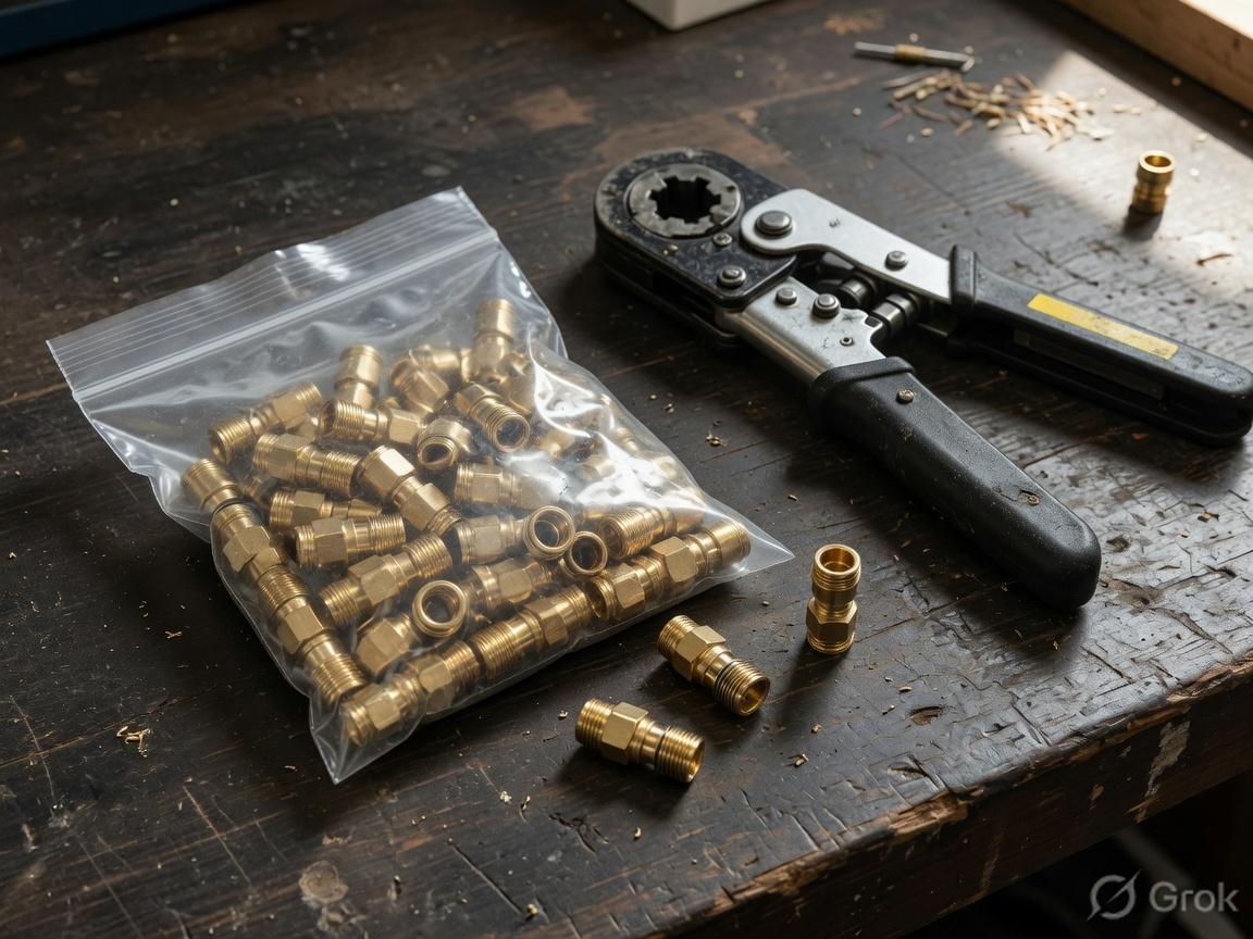 Bag of brass compression F-connectors with a compression tool