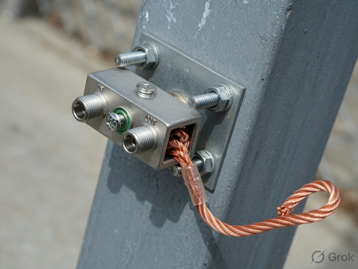 Coaxial grounding block with a copper ground wire on a metal post